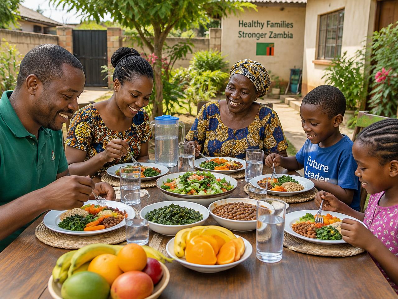A Zambian family sharing a healthy meal together at home